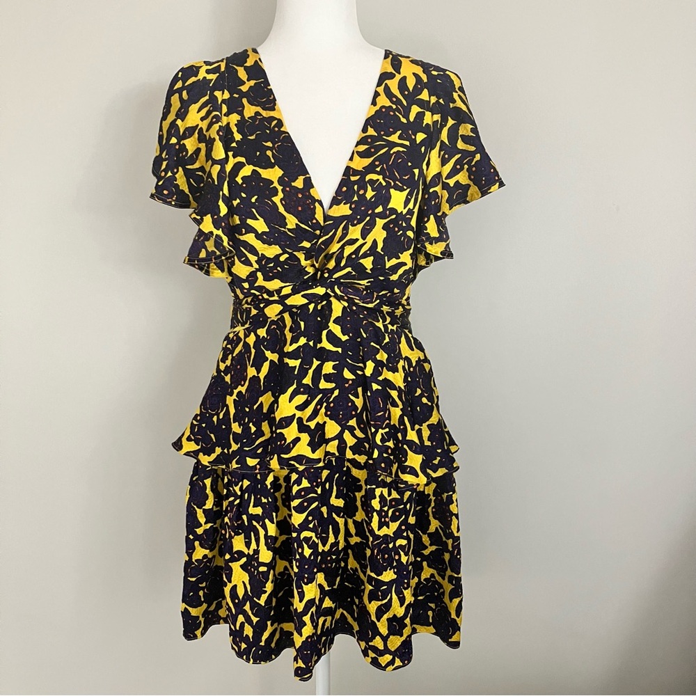 A.L.C Viera Print Silk Ruffle Dress Flutter Sleeve French Coquette Size 4